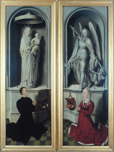 Uitzicht op het Laatste Oordeel met gesloten panelen, waarop de schenkers, Angelo di Jacopo Tani en zijn vrouw, Caterina de Tanagli, onder de Madonna en Kind en St. Michael, 1473 door Hans Memling
